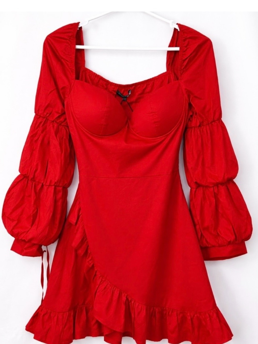 Fashion Nova Red Puff-Sleeve Ruffle Mini Dress with Built-In Bust